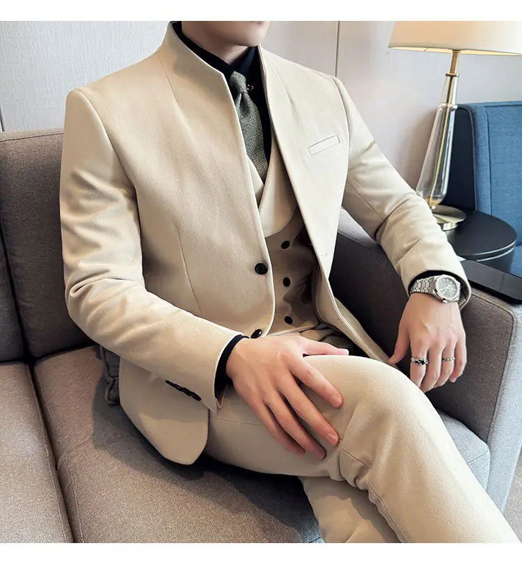 Men's 3-Piece Slim Fit Stand Collar Suit – Wedding, Prom & Office Formal Set