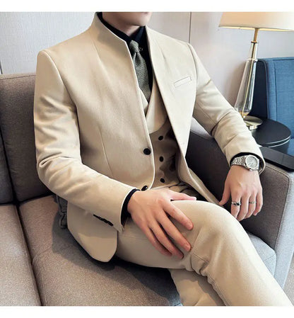 Men's 3-Piece Slim Fit Stand Collar Suit – Wedding, Prom & Office Formal Set