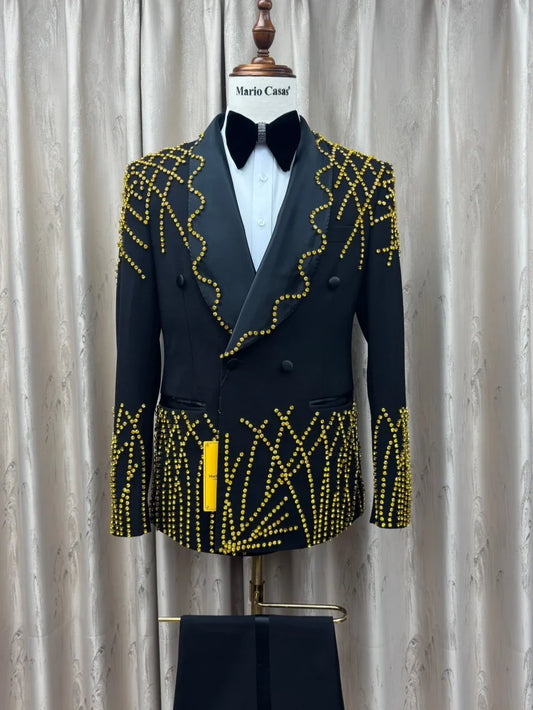 Man Exquisite Beaded Suit Set 2 Pieces Jacket Pants Party Prom Wear Double Breasted Men's Tuxedo Wedding Clothes Premium Suits