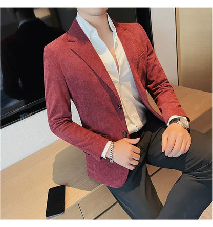 2023 Fashion Men's Corduroy Blazers Top Quality Business Casual Suit Jackets Slim Fit Wedding Groom Streetwear Social Dress Coat