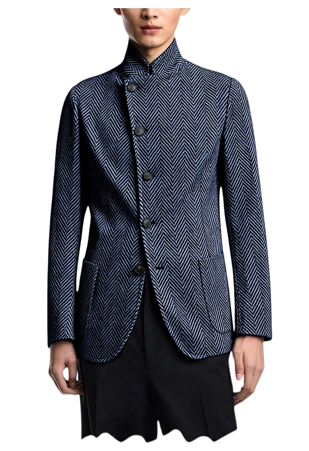 Men's Herringbone Tweed Blazer Stand Collar Slim Fit Business Casual Suit Jacket Spring Daily Commute Lightweight Sport Coat