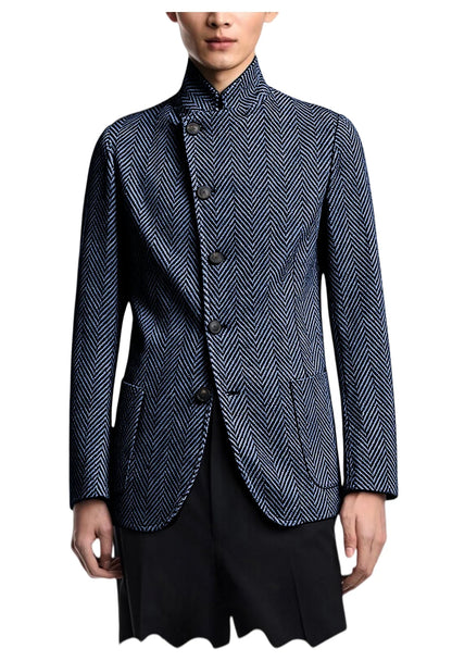 Men's Herringbone Tweed Blazer Stand Collar Slim Fit Business Casual Suit Jacket Spring Daily Commute Lightweight Sport Coat