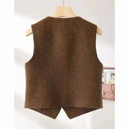 Vintage V-neck Casual Vest Jacket Women British Style  Loose Sleeveless Waistcoat 2025 New Spring Summer Buttons Ladies Outwear
