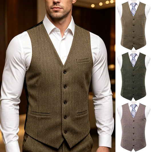 Men's Suit Vest Herringbone V-Neck Single Breasted Brown Green Banquet Wedding