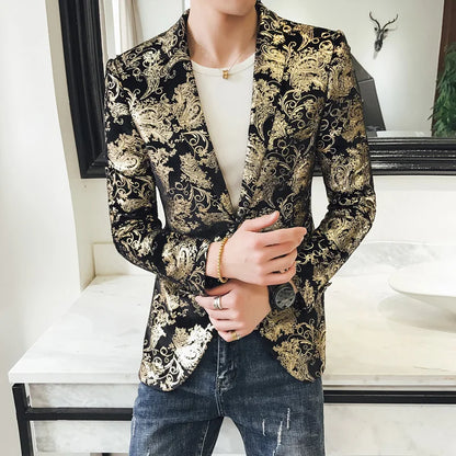 Luxury Gold Embroidered Suit Jacket Men Stage Singer Casual Blazers Male Business Wedding Groom Social Host Dress Coat M-5XL