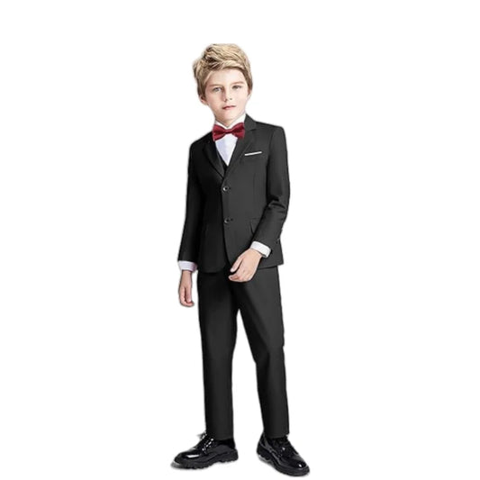 Boys Black 4Pieces Suit Set With Vest Pants Bowtie For Wedding Birthday Kids Formal Blazer Set For Piano Host Performance