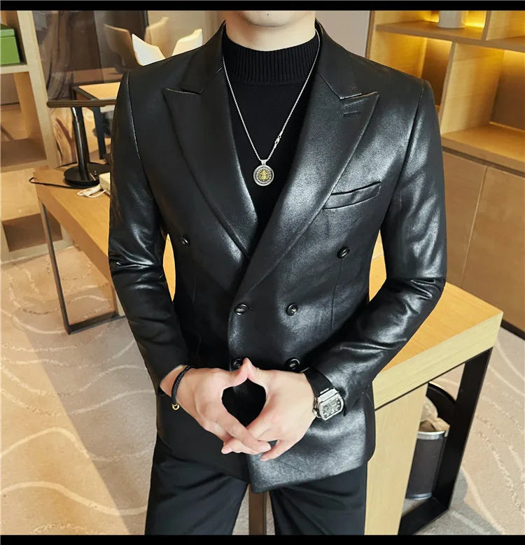 Brand Retro Leather Suit Jacket Men British Style Double Breasted Casual Business Blazers Wedding Groom Party Banquet Jackets