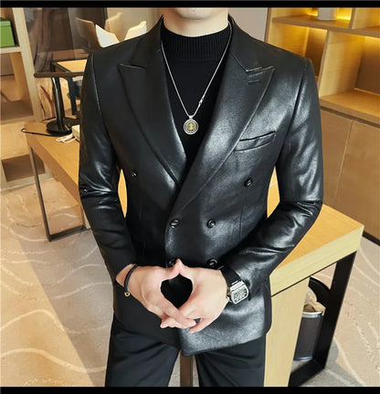 Brand Retro Leather Suit Jacket Men British Style Double Breasted Casual Business Blazers Wedding Groom Party Banquet Jackets