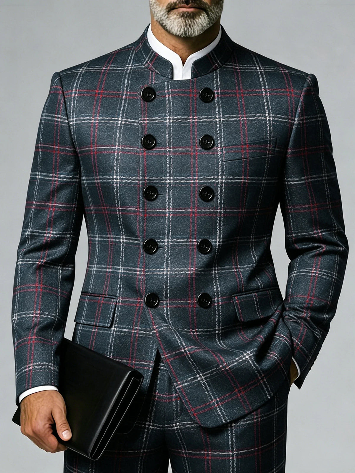 Men's Plus Size Classic Mandarin‑Collar Blazer Fashion Plaid Double‑Breasted Suit Jacket for Men Wedding Business Formal Party