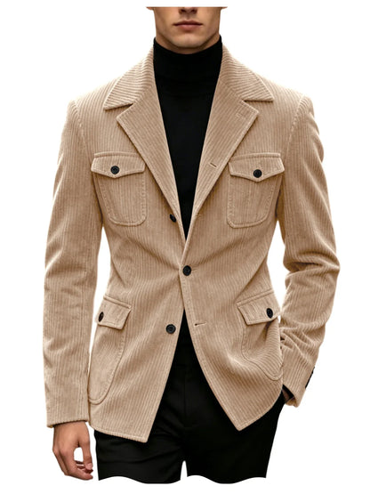 Men's Corduroy Blazer Jacket Slim Fit Notched Lapel Casual Business Coat With Four Flap Pockets For Daily Work Streetwear