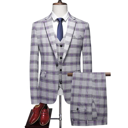 Men's Three-Piece Plaid Suit Set – Slim Fit Wedding & Business Formal with Vest and Trousers