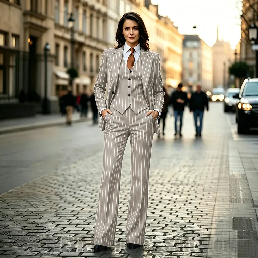Chic Women Striped Suit 3 Piece Fashion Peak Lapel One Button Outfit Formal Office Work Casual Suits (Blazer+Vest+Pants)
