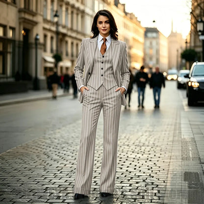 Chic Women Striped Suit 3 Piece Fashion Peak Lapel One Button Outfit Formal Office Work Casual Suits (Blazer+Vest+Pants)