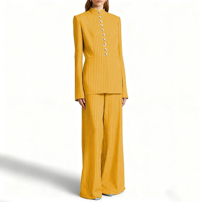 Elegant Women's Suits Pinstripe Two-piece(Jacket+Pants) Set with Stand Collar Gold Single Breasted Business Office Lady Outfit