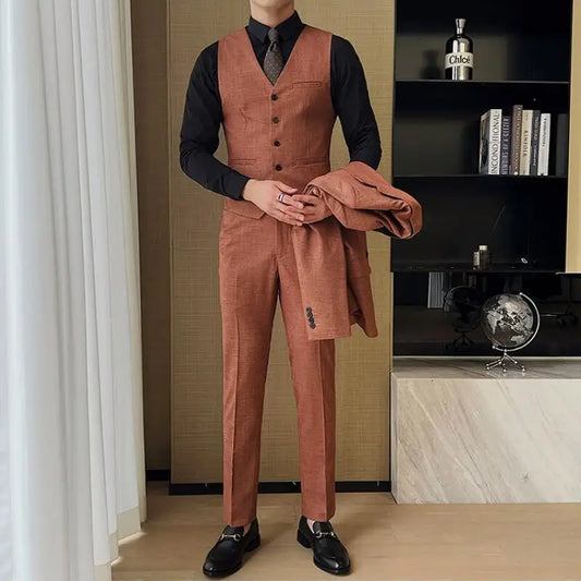 ( Jacket + Vest + Pants ) 2024 New Luxury Men High-end Suit Formal Groom Wedding Tuxedo Mens Work Party Slim Fit Suit 3 Piece