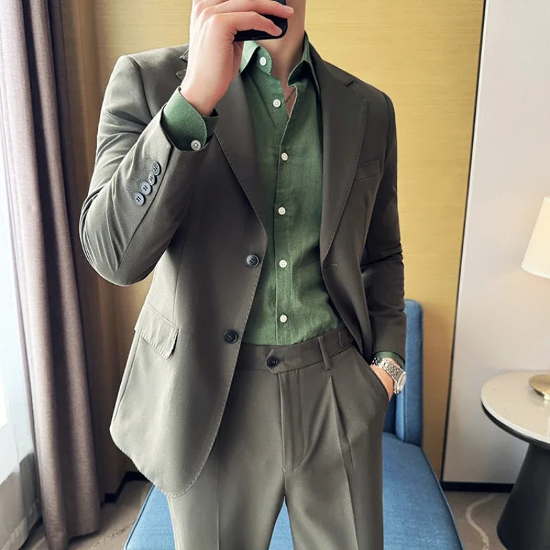 Tencel High Tech Fabric Men Spring Summer Thin Suits 2 Pieces (jacket+pants) Business Casual Office Wedding Groom Dress Suit