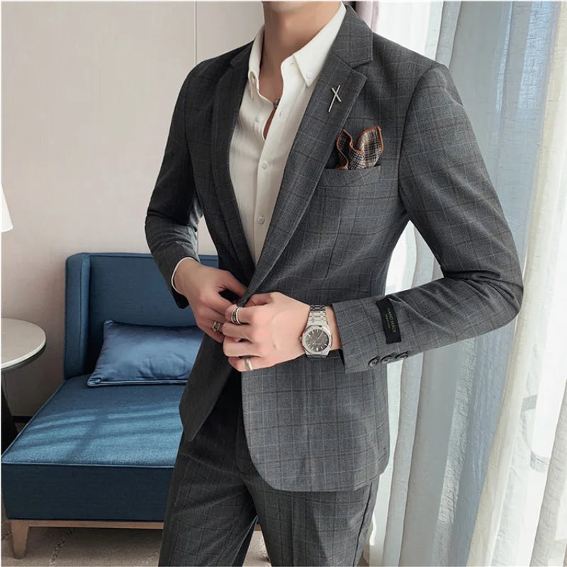 (Jacket+Pant) 2023 Latest Design Check Men Suit Groom Wedding Stage Tuxedos Best Costume Men Business Social Suits 2 Piece Set