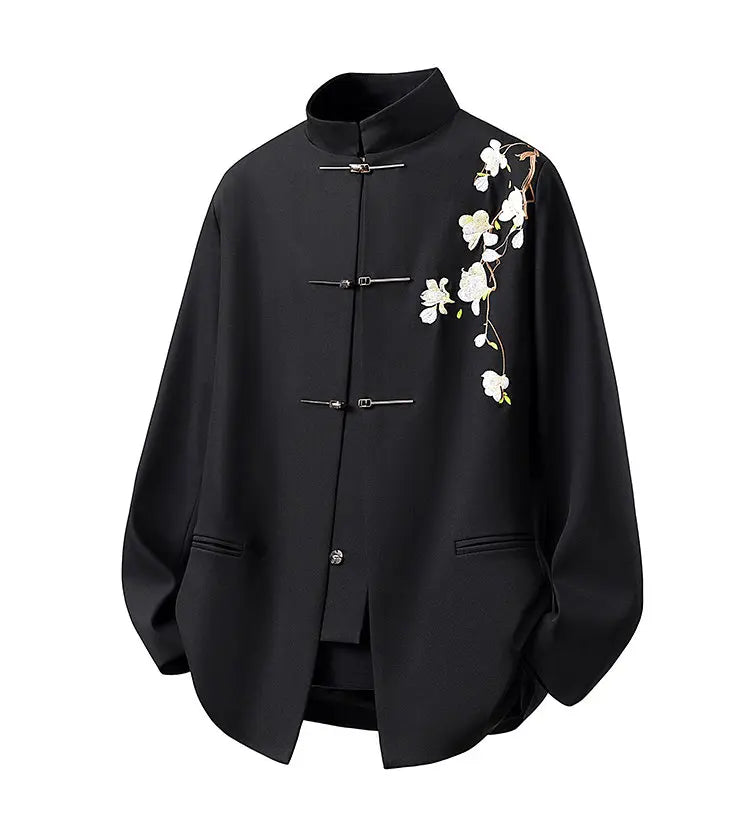 Chinese Style Dress Blazers for Man Suit Jacket 5XL Vintage Floral Embroidery Metal Buckle Elegant Men Blazer De Luxe Pour Homme