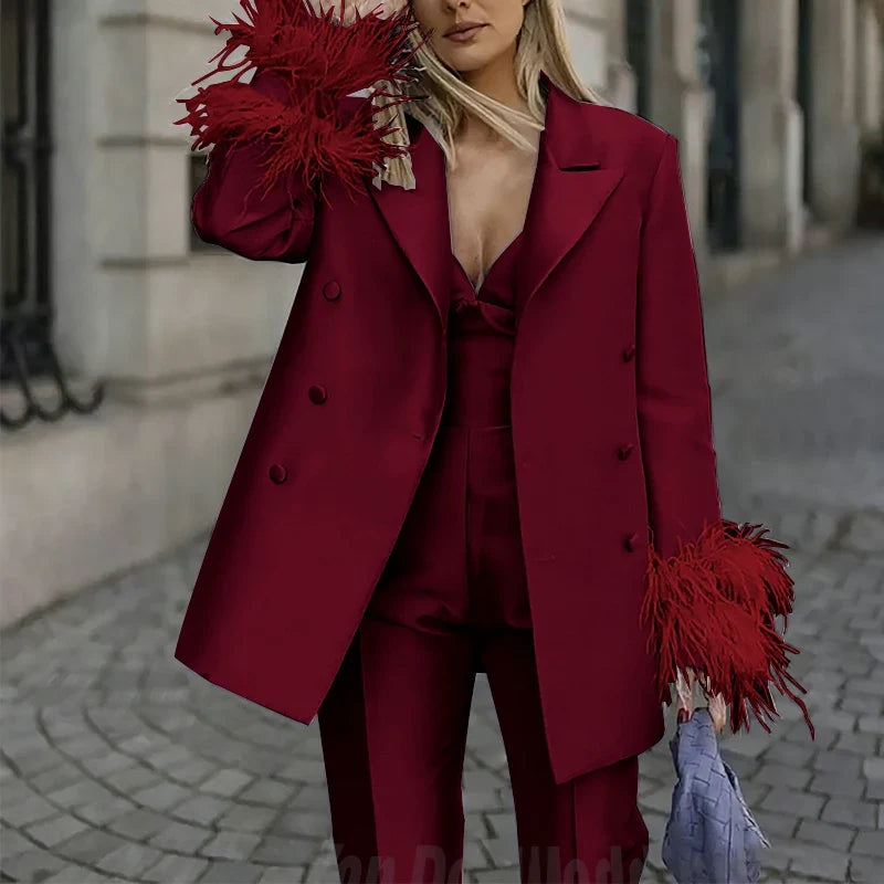 Classic Satin Women's Suit Set 2 Piece Exquisite Feather Double Breasted Jacket With Pants Evening Party Luxury Trouser Suits