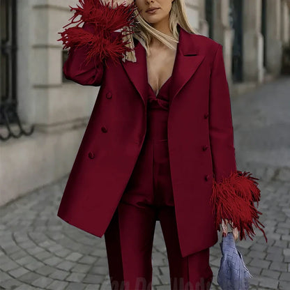 Classic Satin Women's Suit Set 2 Piece Exquisite Feather Double Breasted Jacket With Pants Evening Party Luxury Trouser Suits