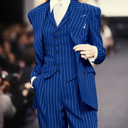 Trending 2025 Brown Striped Women Suit Formal Double-breasted Peaked Lapel 3Pieces (Jacket+Pants+Vest) Business Office Lady Set