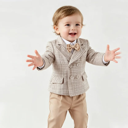 Baby Boys Gentleman Tweed Suit Set Kids Flower Boy Wedding Formal Wear Double Breasted Blazer Khaki Pants Bow Tie Birthday Party