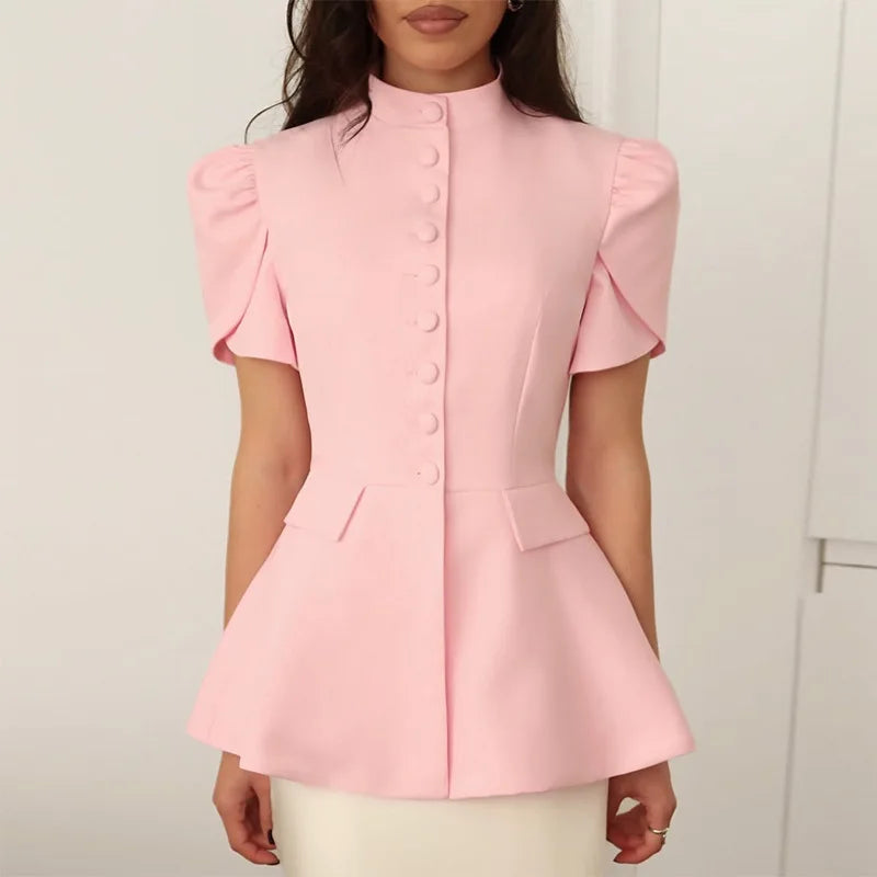 Women's 2025 Autumn New Fashion Fashion Blazer Jacket Stand Collar Button Front Solid Color Slim Fit Short Sleeve Waist Design