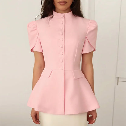 Women's 2025 Autumn New Fashion Fashion Blazer Jacket Stand Collar Button Front Solid Color Slim Fit Short Sleeve Waist Design
