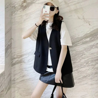 Feminine V-neck Blazer Waistcoat Tops Coat Korean Women Fashion Leisure Suit Vest Outerwear Spring Autumn Ladies Solid Color Sle
