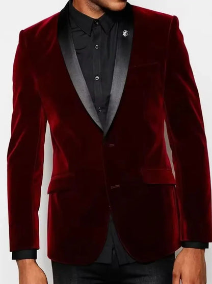 New Fashion Burgundy Velvet Jacket for Men Two Buttons Shaw Lapel Slim Fit Suit Blazer for Prom Party Wedding Business One Coat