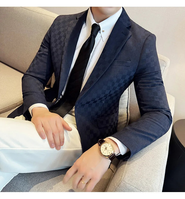 2024 Spring Plaid Blazers Men Single Breasted Casual Business Suit Jacket Fashion Slim Social Banquet Wedding Groom Dress Coats