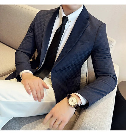 2024 Spring Plaid Blazers Men Single Breasted Casual Business Suit Jacket Fashion Slim Social Banquet Wedding Groom Dress Coats