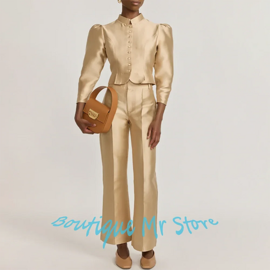 Gorgeous Women's Satin Suits Single Breasted 2Piece(Jacket+Pants) Set Vintage Elegant Evening Party Female Outerwears
