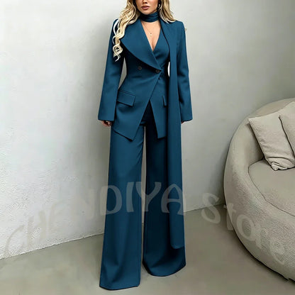 Classic Black Women Suit Set Double Breasted Asymmetrical Blazer Pants with Muffler Formal Office Elegant Two Piece Outfit