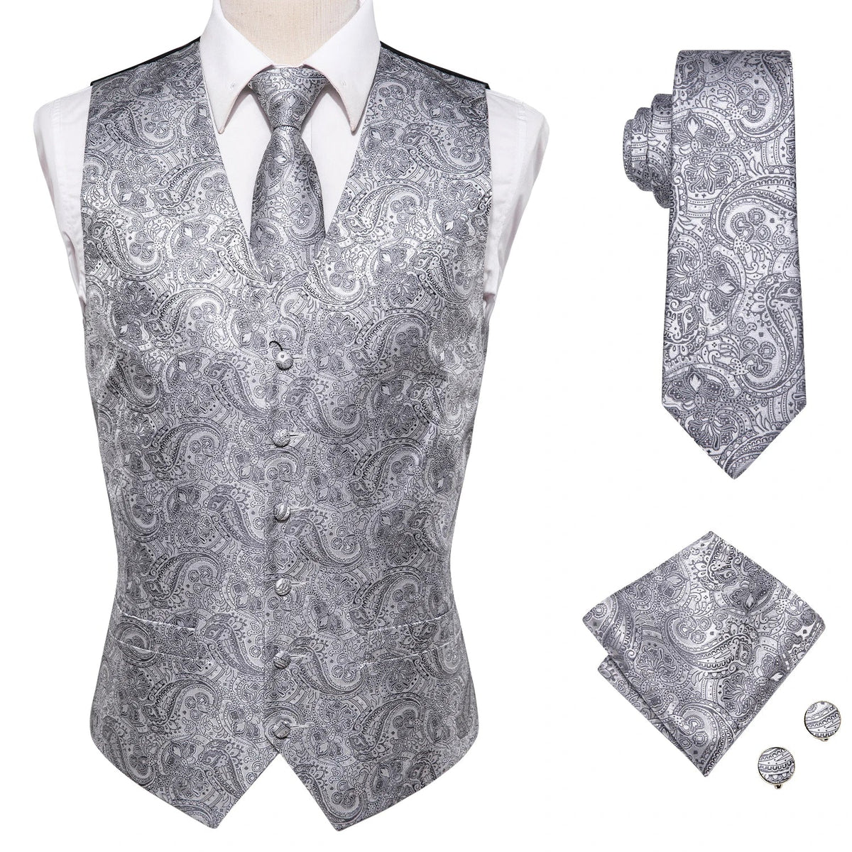 Men's Vest Paisley Jacquard Set with Necktie Pocket Square and Cufflinks for Weddings and Formal Events
