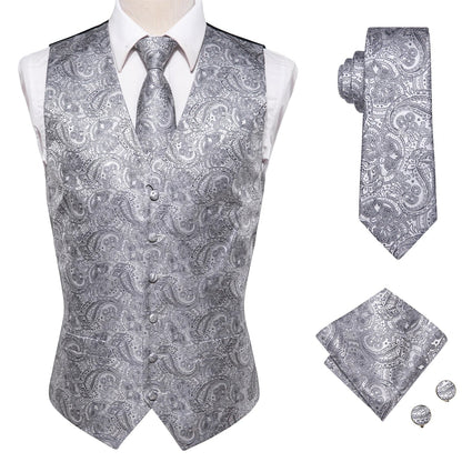 Men's Vest Paisley Jacquard Set with Necktie Pocket Square and Cufflinks for Weddings and Formal Events