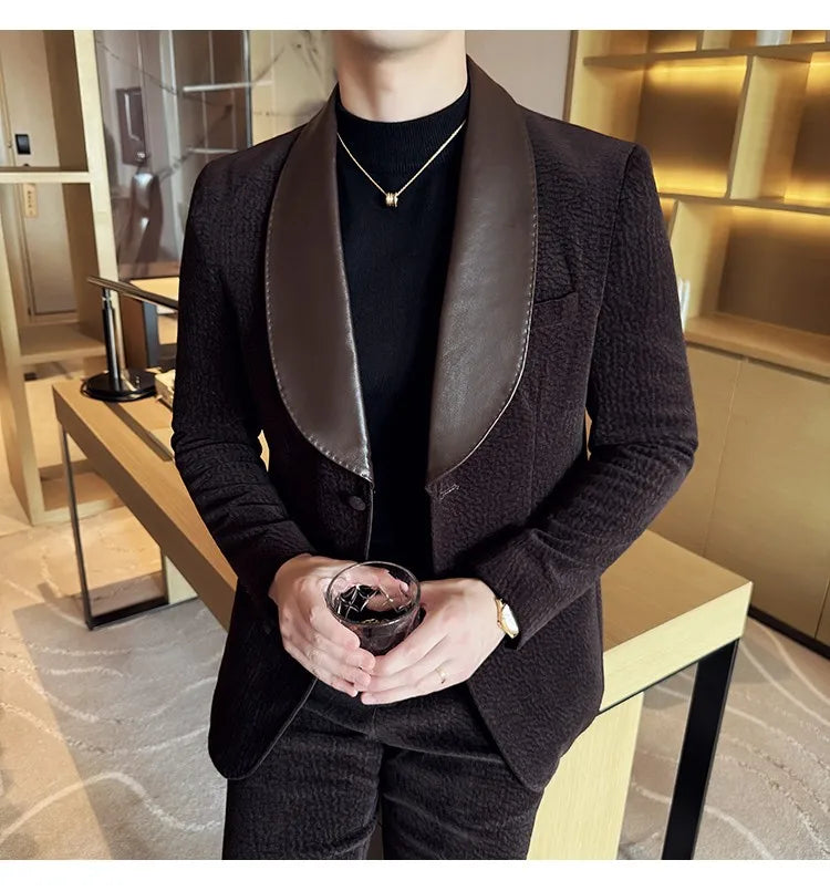 British Style PU Patchwork Suit for Men Casual Business Wedding Suits 2 Pieces Set (jacket+pant) Office Work Party Prom Suit