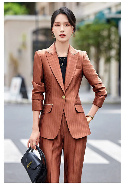 Professional Women's Suit2024New Autumn Green Striped Acetate Suit Workwear Elegant High-end Workplace Formal Wear