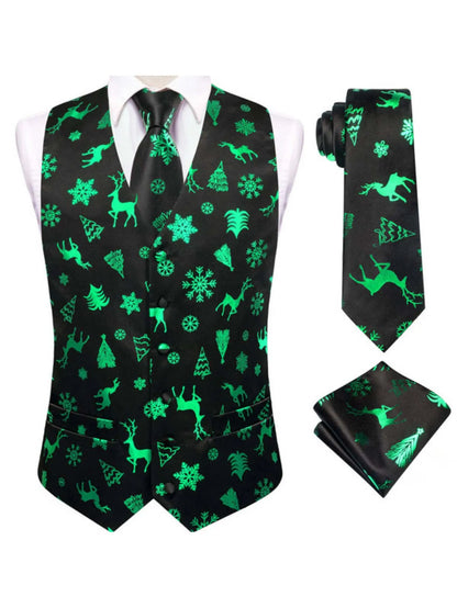 Men's Christmas Print Vest 3-Piece Set with Tie and Pocket Square for Holiday Parties