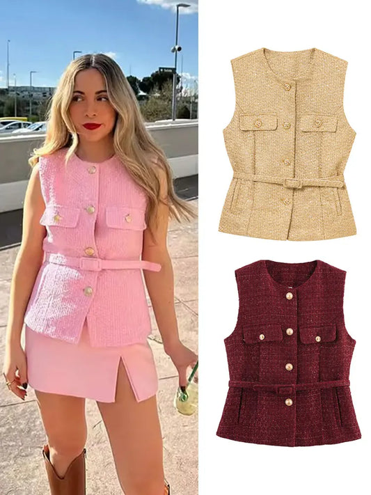 Women Fashion Belt Waistcoat O Neck Front Metal Button Sleeveless Vests Summer Solid Casual Vacation Outerwear Tweed Coats