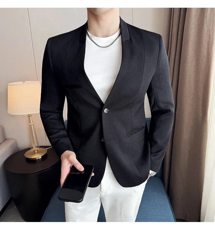 Chinese Style Collarless Suit Jacket Men Fashion Slim Fit Versatile Blazers Male Casual Business Wedding Groom Dress Jacket 2025