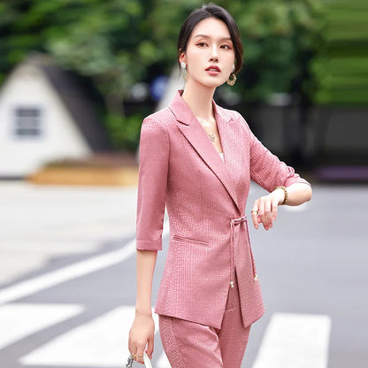 Chinese style Spring Summer Women Elegant Office Work Three Quarter Blazer Tops And Flare Pant Fashion Oversize Two Piece Suits
