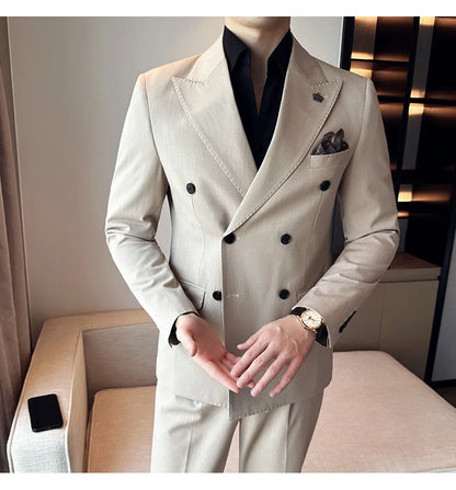(Blazer + Trousers) Fashion Double Breasted Design Slim Men's Suit Italian Style Luxury Wedding Social Party Tuxedo 2 Piece Set