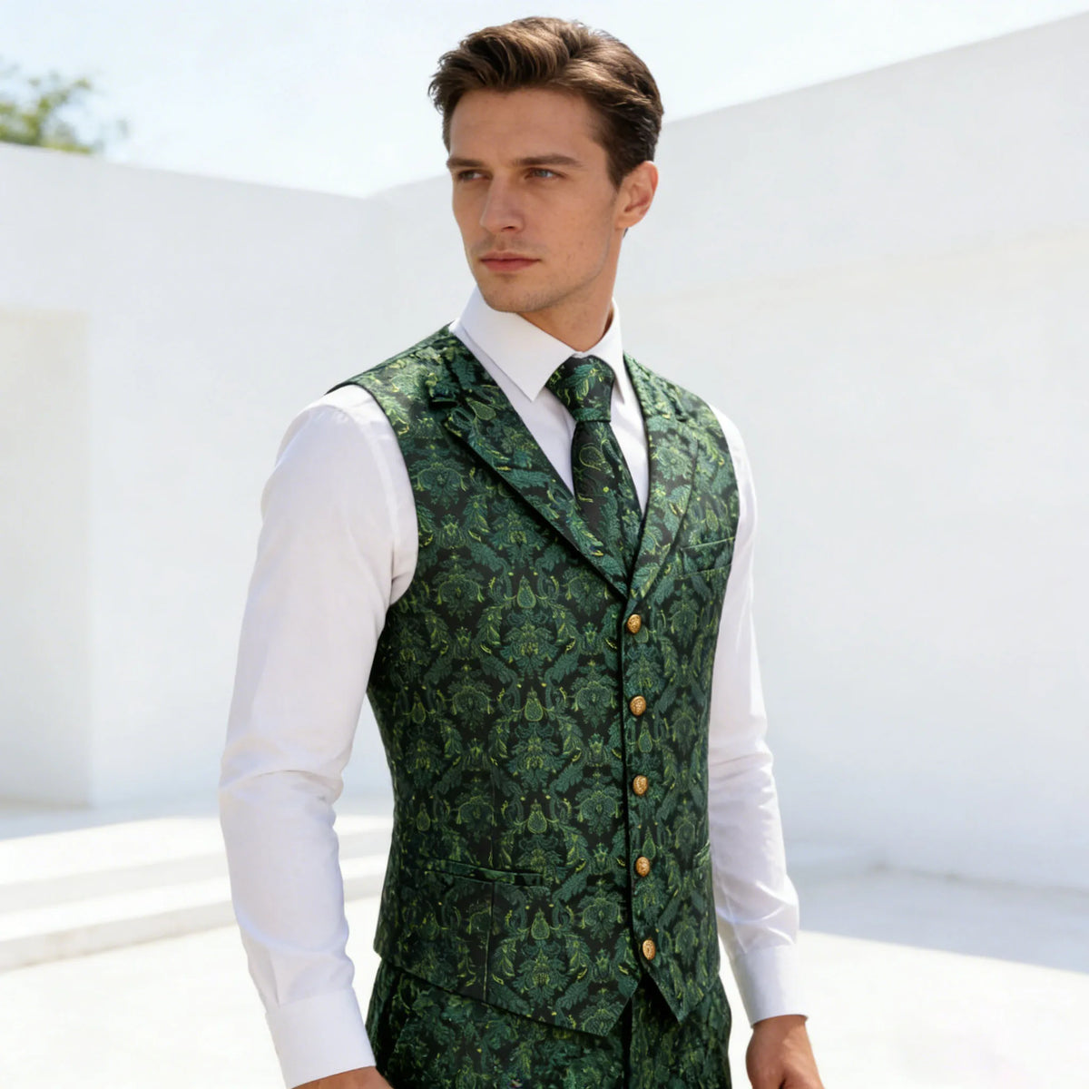 Men's Vest Green Floral Waistcoat with Tie Hanky Cufflinks Set for Wedding Banquet