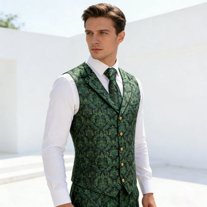 Men's Vest Green Floral Waistcoat with Tie Hanky Cufflinks Set for Wedding Banquet