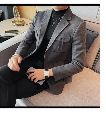 Winter Woolen Suit Jacket for Men Multiple Pockets Slim Fit Casual Business Blazers Masculino Wedding Streetwear Social Coats
