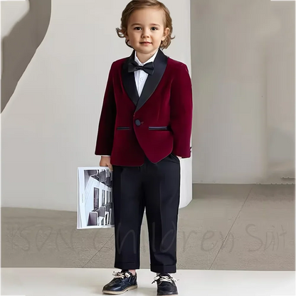Baby Boys Burgundy Velvet Tuxedo Suit Formal Wedding Wear Chic Single Button Shawl Lapel Cute Children Outfit Two Pieces Set