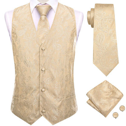 Men's Suit Vest 4-Piece Set | Woven Paisley Waistcoat with Tie, Pocket Square & Cufflinks | Wedding & Business Formal