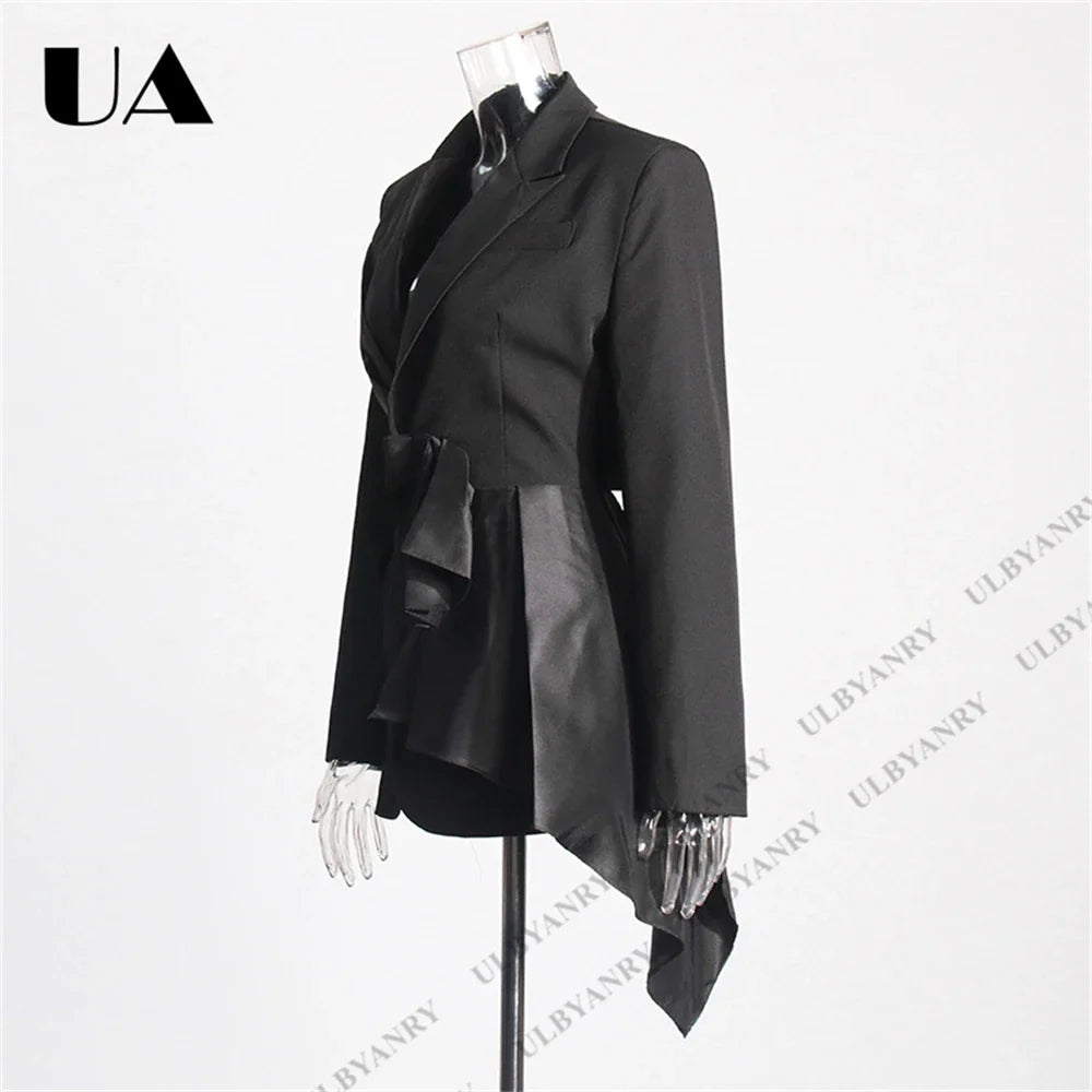 Womens Black Blazer with Satin Ruffle Waist Tie and Peak Lapel Events Gala Birthday Prom Party Suit Attire Slim Fitting