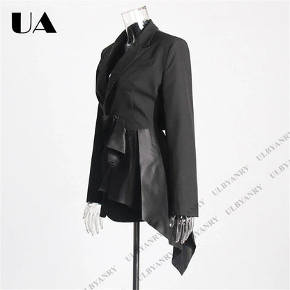 Womens Black Blazer with Satin Ruffle Waist Tie and Peak Lapel Events Gala Birthday Prom Party Suit Attire Slim Fitting